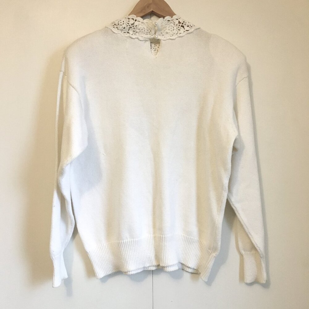 Vintage 90s Jessica 100% Cotton Mock Neck Lace Cottagecore Sweater Size 38 - Picture 4 of 13